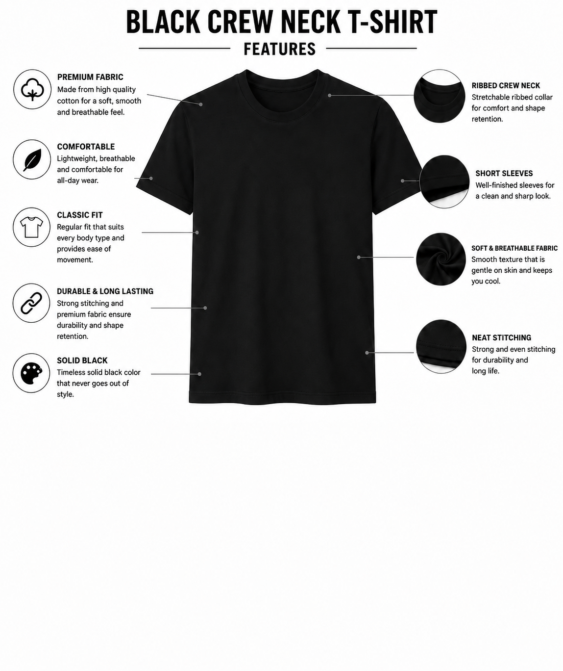 Premium Black Crew Neck T-Shirt - Image 3