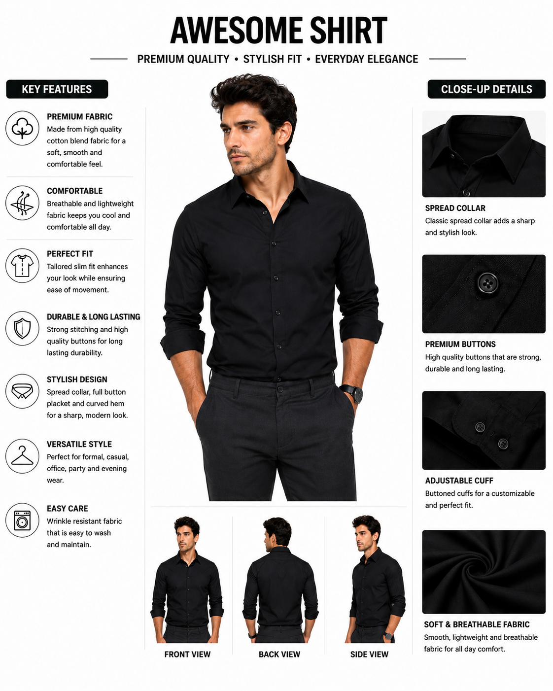 Men’s Classic Black Long-Sleeve Button-Down Dress Shirt - Image 3