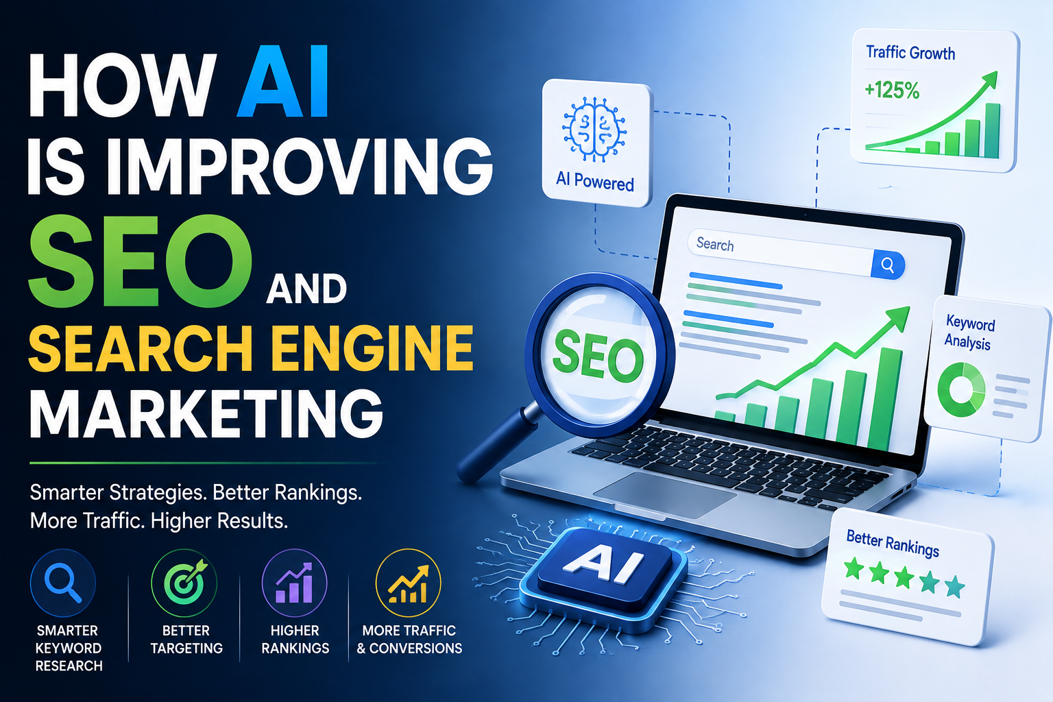 I-powered SEO and Search Engine Marketing concept showing a laptop with search results, SEO analytics, keyword research, traffic growth, better rankings, and an AI chip.